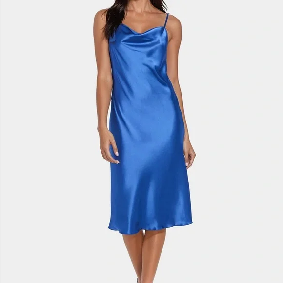 Bebe Satin Cowl Neck Slip Black and White Floral Midi Dress - Picture 10 of 12